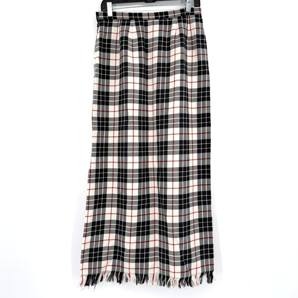 100% Wool Vintage Rafaela Sport Red Black Plaid Fringed Maxi Skirt Womens Size 8